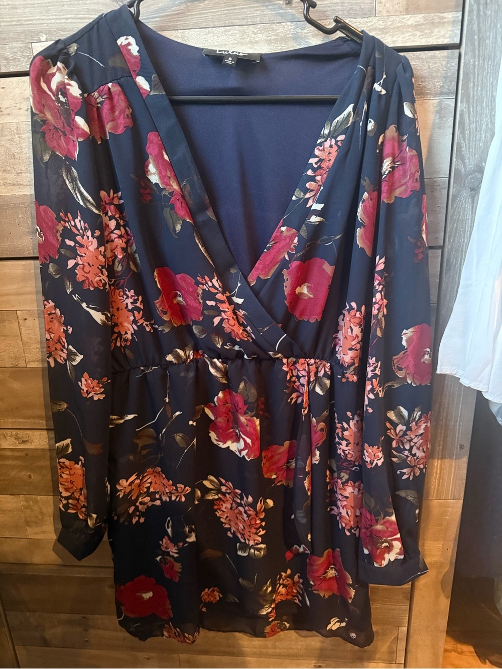 Lulus Navy Floral Wrap Dress with Burgundy and Coral Blooms